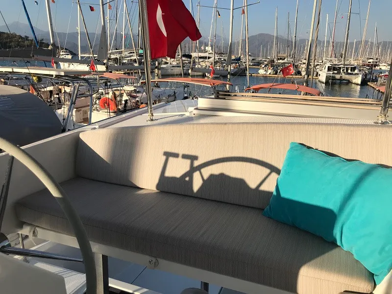 Cockpit of Bonita, a Fountaine Pajot Astrea 42 catamaran at Fethiye, Turkey
