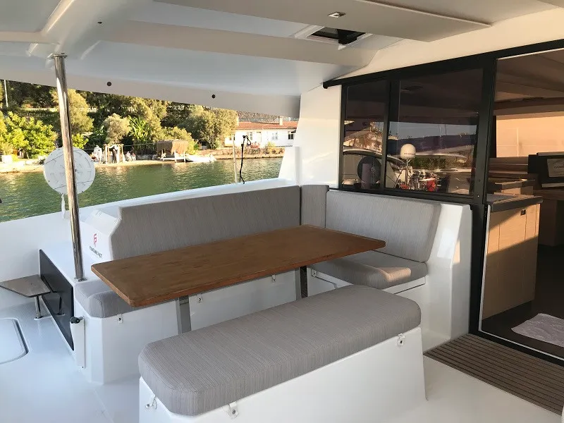 Deck of Bonita, a Fountaine Pajot Astrea 42 catamaran at Fethiye, Turkey