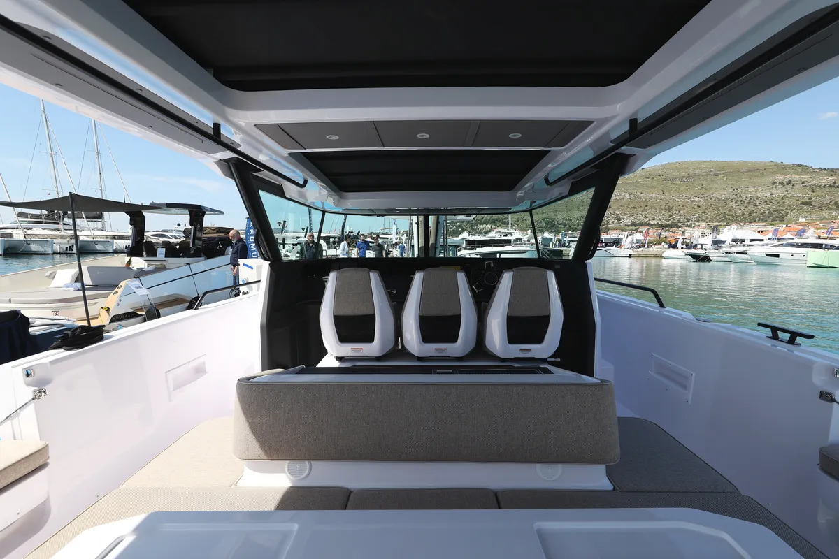 Cockpit of Niko, a Axopar 45 Cross Top motor yacht at Seget Donji, Croatia