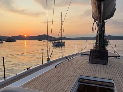 Deck of Miss Marie, a Beneteau First 53 sailboat at Olbia, Italy