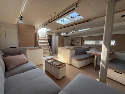 Salon of Miss Marie, a Beneteau First 53 sailboat at Olbia, Italy