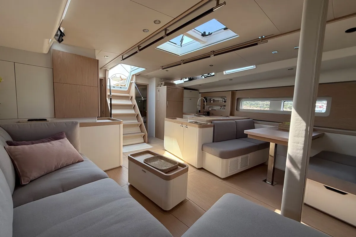 Salon of Miss Marie, a Beneteau First 53 sailboat at Olbia, Italy