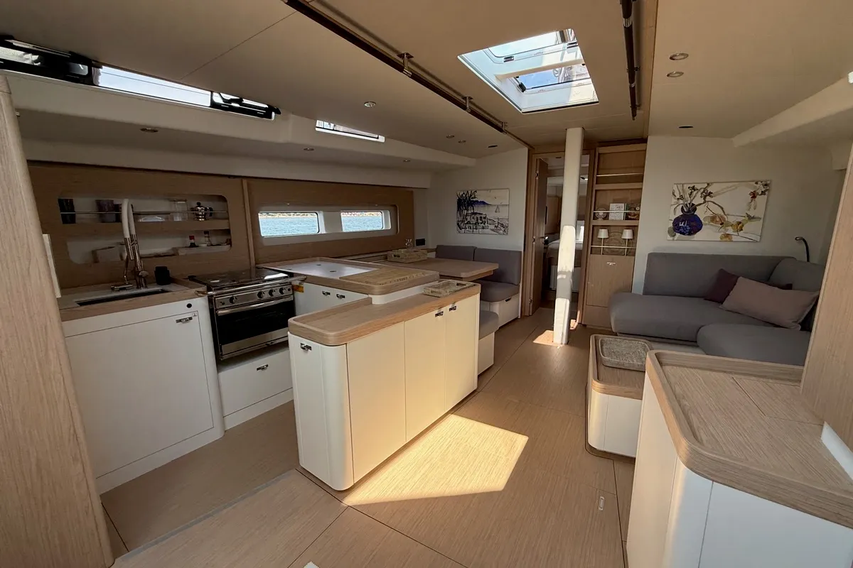 Salon of Miss Marie, a Beneteau First 53 sailboat at Olbia, Italy