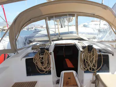 Cockpit of Morning Star, a Dufour 382 Grand Large sailboat at Athens, Greece