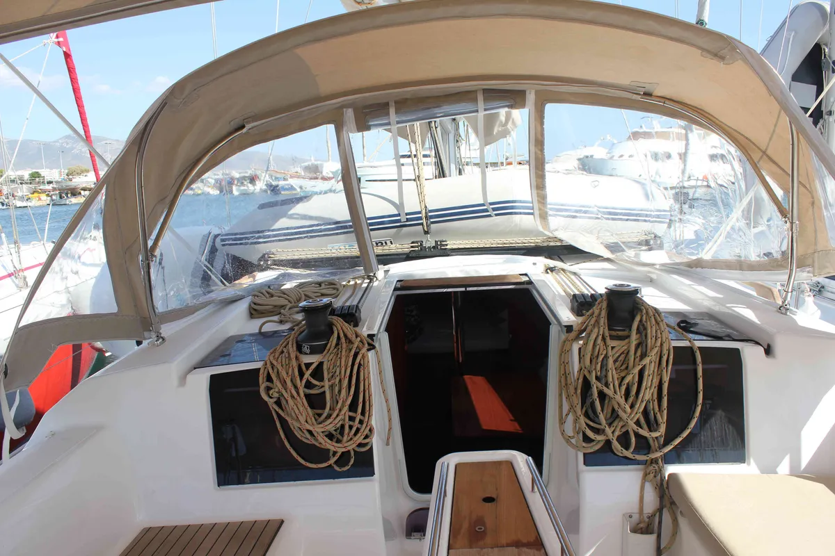 Cockpit of Morning Star, a Dufour 382 Grand Large sailboat at Athens, Greece