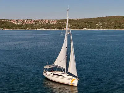 Exterior view of Talassa, a Bavaria Cruiser 34 sailboat at Punat, Croatia