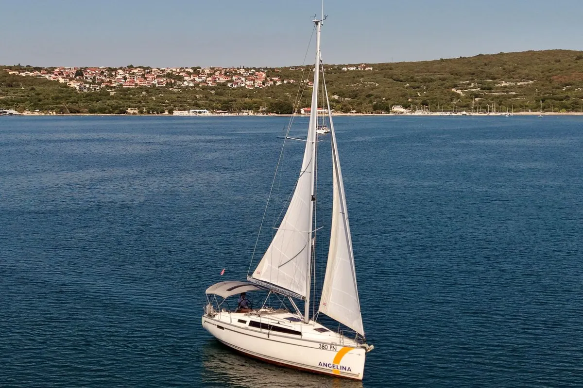 Exterior view of Talassa, a Bavaria Cruiser 34 sailboat at Punat, Croatia