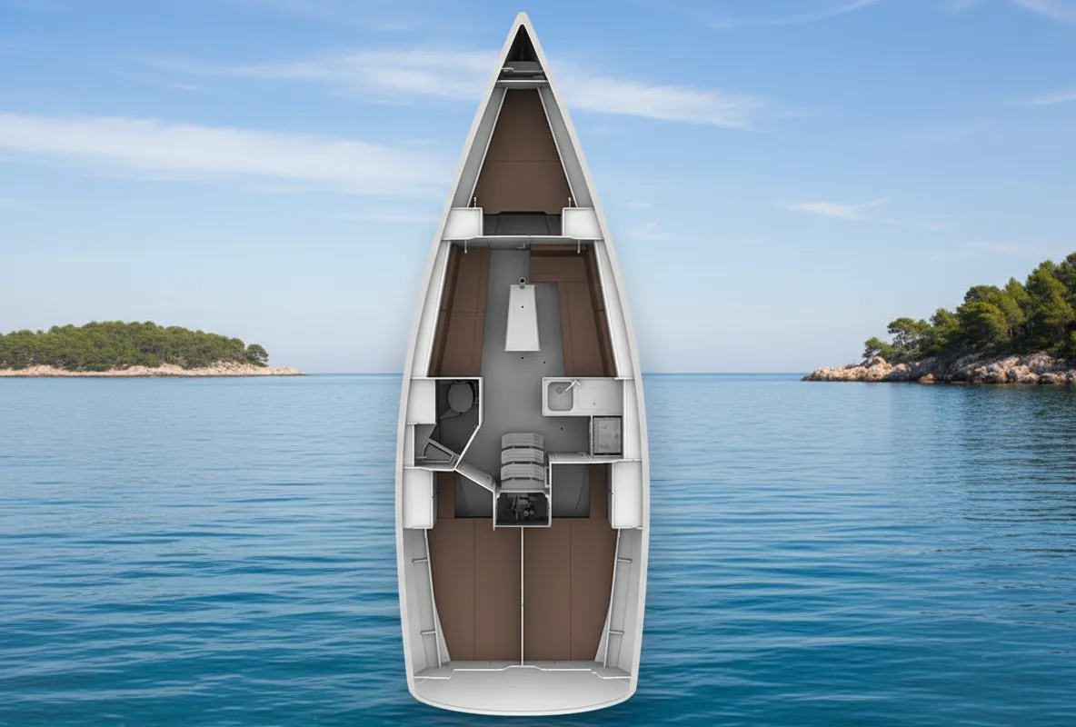 Exterior view of Talassa, a Bavaria Cruiser 34 sailboat at Punat, Croatia