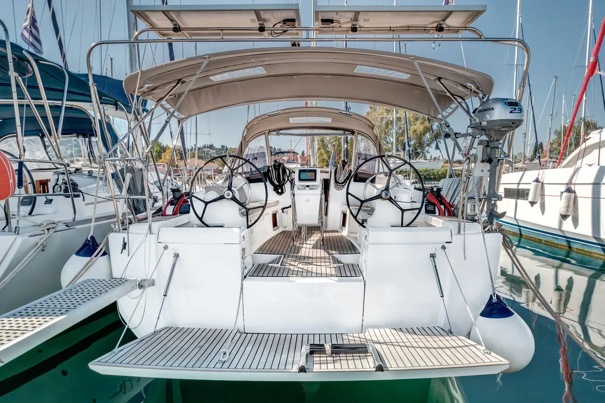Deck of Pellini, a Jeanneau Sun Odyssey 419 sailboat at Municipal Unit of Palairos, Greece