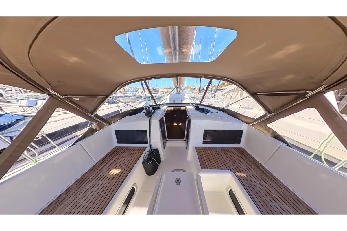 Cockpit of Vino Blanco, a Jeanneau Sun Odyssey 490 sailboat at El Rosario, Spain