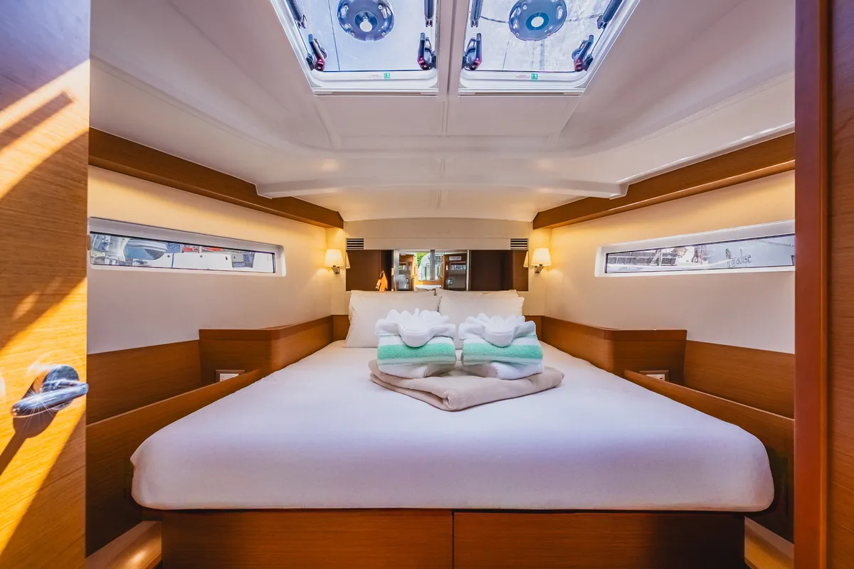 Cabin on Air Guitar, a Jeanneau Sun Odyssey 440 sailboat at Road Town, British Virgin Islands