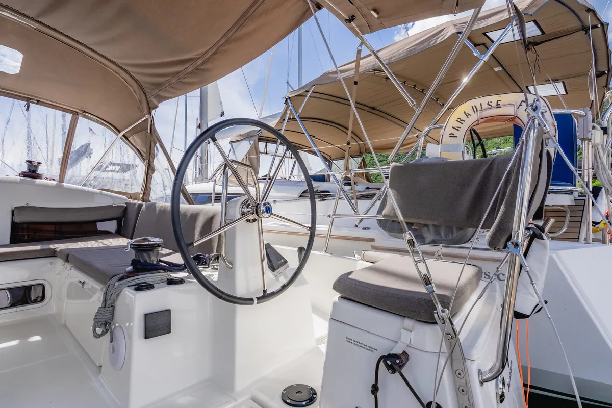 Cockpit of Air Guitar, a Jeanneau Sun Odyssey 440 sailboat at Road Town, British Virgin Islands