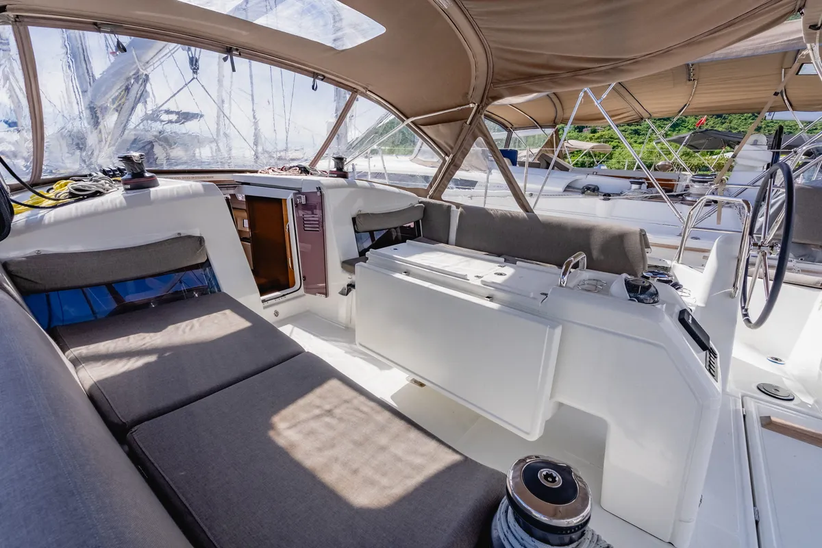Cockpit of Air Guitar, a Jeanneau Sun Odyssey 440 sailboat at Road Town, British Virgin Islands