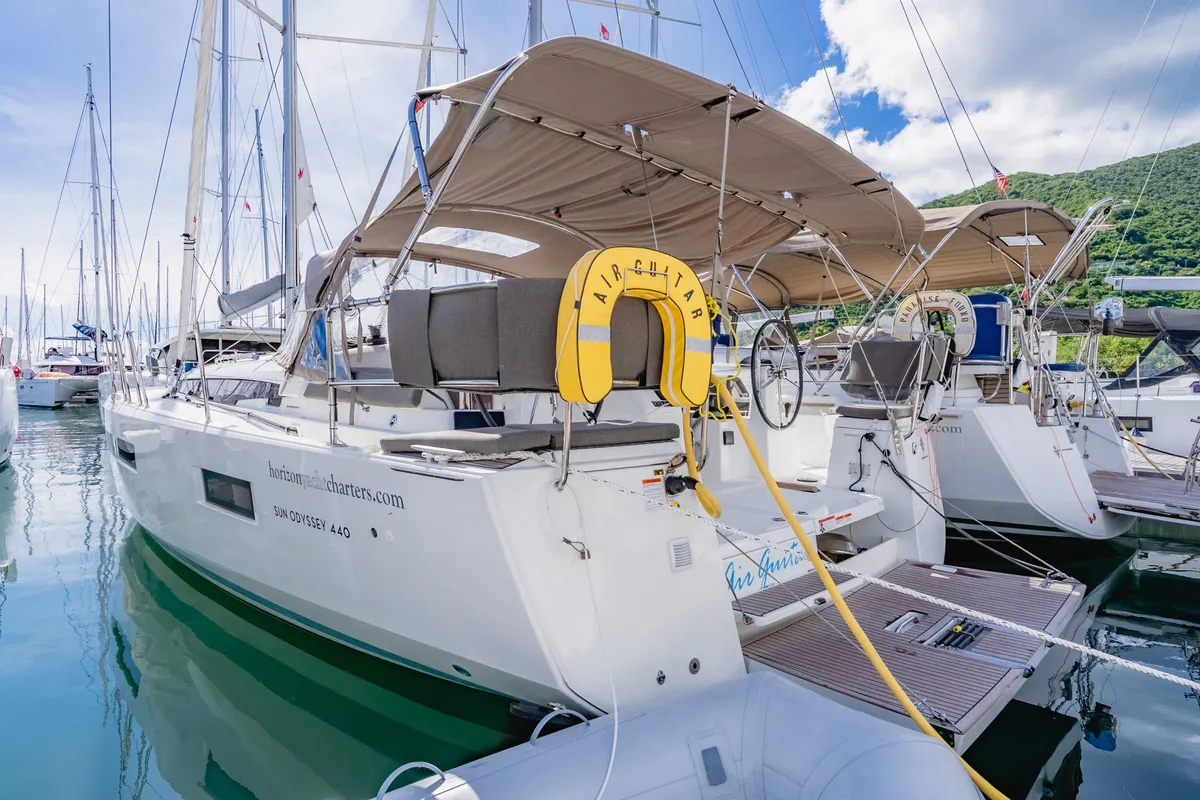 Exterior view of Air Guitar, a Jeanneau Sun Odyssey 440 sailboat at Road Town, British Virgin Islands