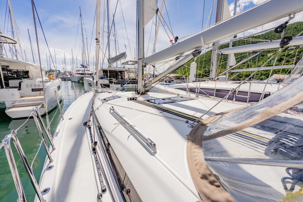Deck of Air Guitar, a Jeanneau Sun Odyssey 440 sailboat at Road Town, British Virgin Islands