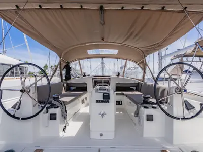 Cockpit of Air Guitar, a Jeanneau Sun Odyssey 440 sailboat at Road Town, British Virgin Islands