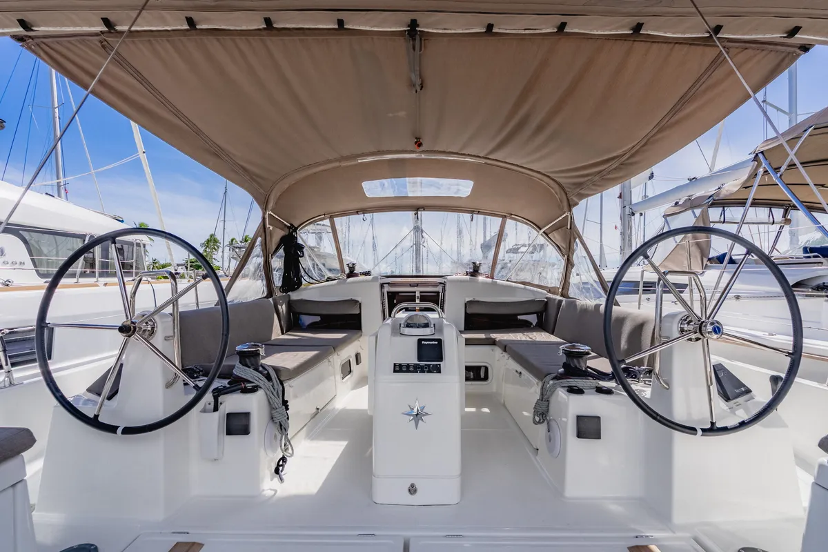 Cockpit of Air Guitar, a Jeanneau Sun Odyssey 440 sailboat at Road Town, British Virgin Islands