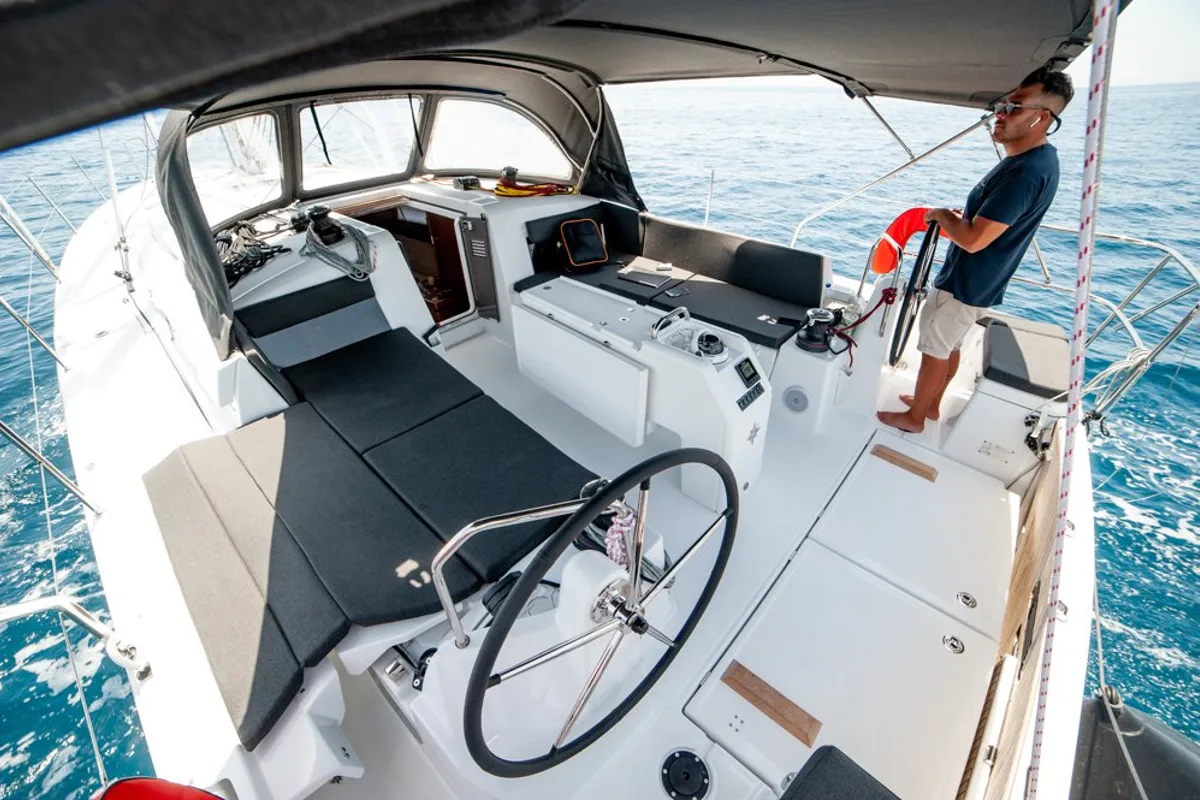 Cockpit of Porto Fino, a Jeanneau Sun Odyssey 490 sailboat at Sami Municipal Unit, Greece