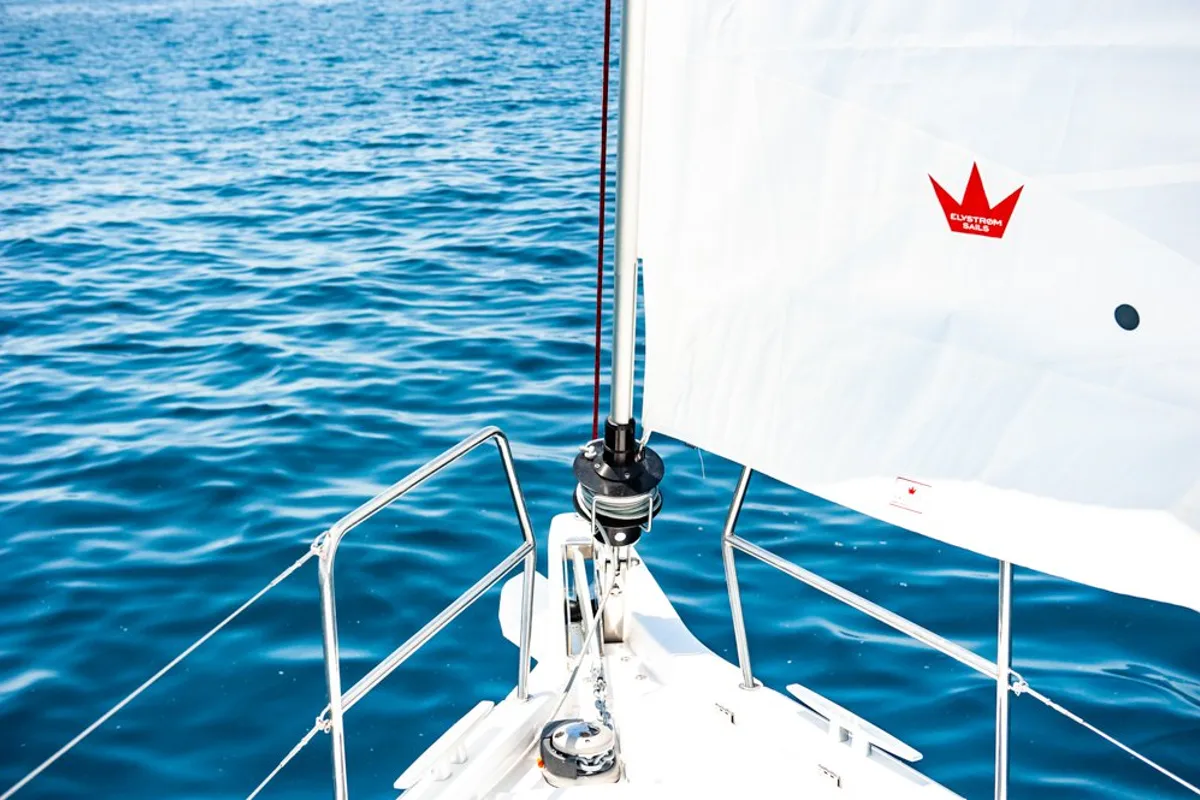 Deck of Porto Fino, a Jeanneau Sun Odyssey 490 sailboat at Sami Municipal Unit, Greece