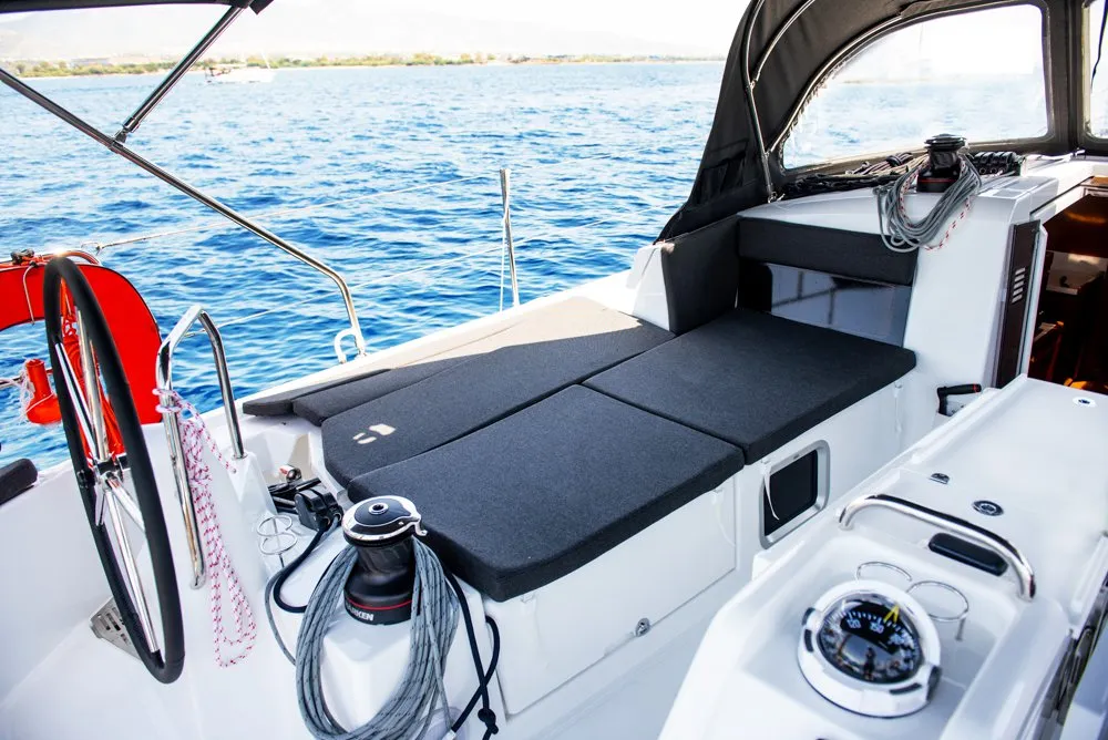 Cockpit of Porto Fino, a Jeanneau Sun Odyssey 490 sailboat at Sami Municipal Unit, Greece