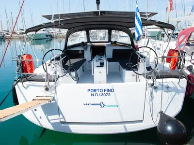 Cockpit of Porto Fino, a Jeanneau Sun Odyssey 490 sailboat at Sami Municipal Unit, Greece