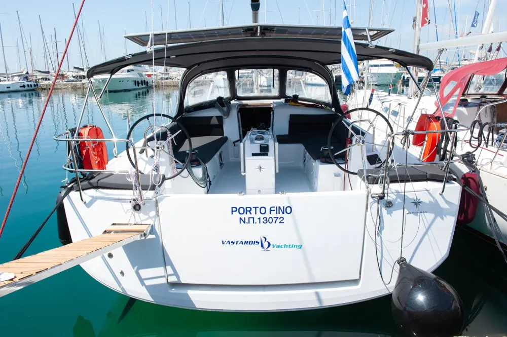 Cockpit of Porto Fino, a Jeanneau Sun Odyssey 490 sailboat at Sami Municipal Unit, Greece