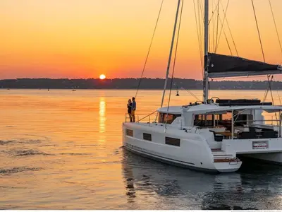 Exterior view of Barchetta VI, a Lagoon 46 catamaran at Preveza, Greece