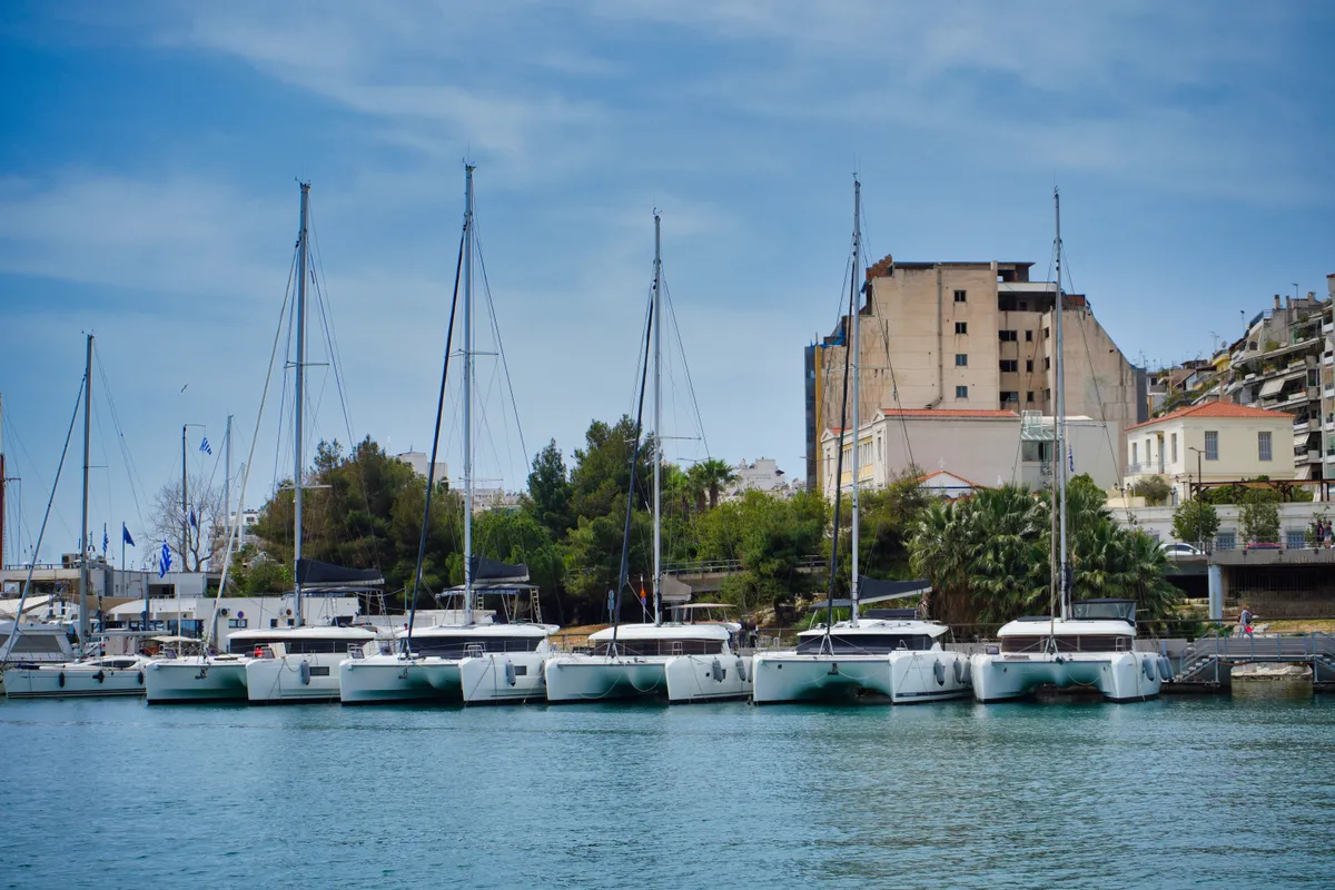 Exterior view of Barchetta VI, a Lagoon 46 catamaran at Preveza, Greece