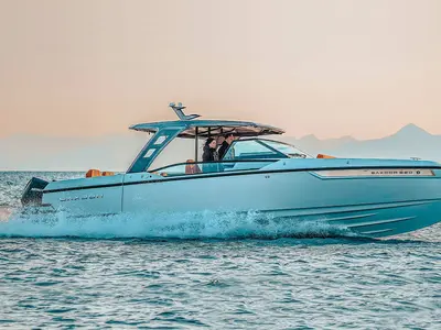 Exterior view of Premium, a Saxdor 320 GTO motorboat at Chania, Greece