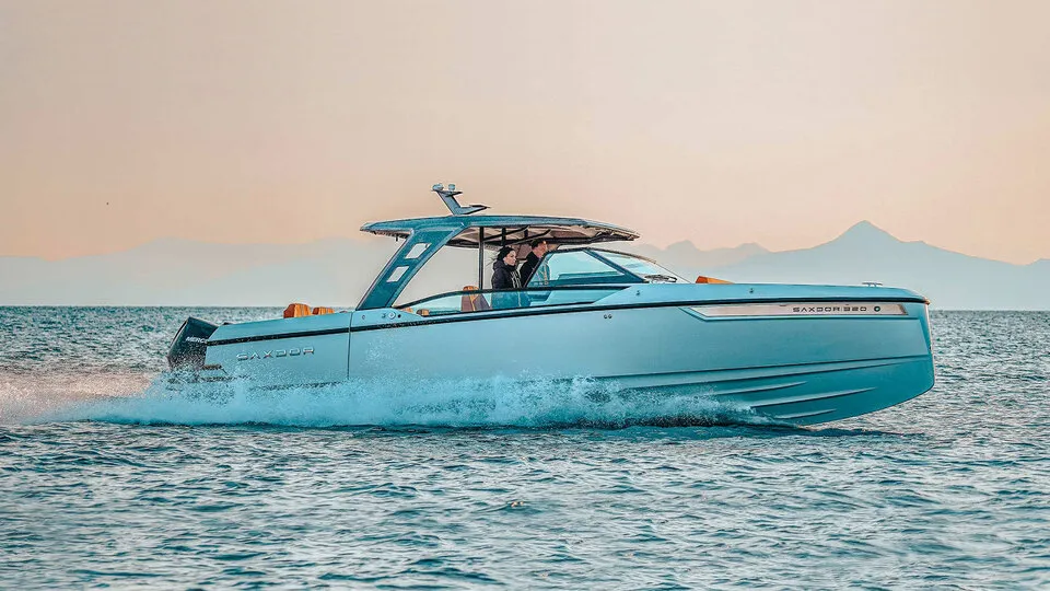 Exterior view of Premium, a Saxdor 320 GTO motorboat at Chania, Greece