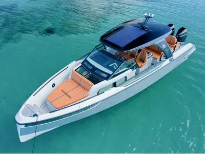 Exterior view of Premium, a Saxdor 320 GTO motorboat at Chania, Greece