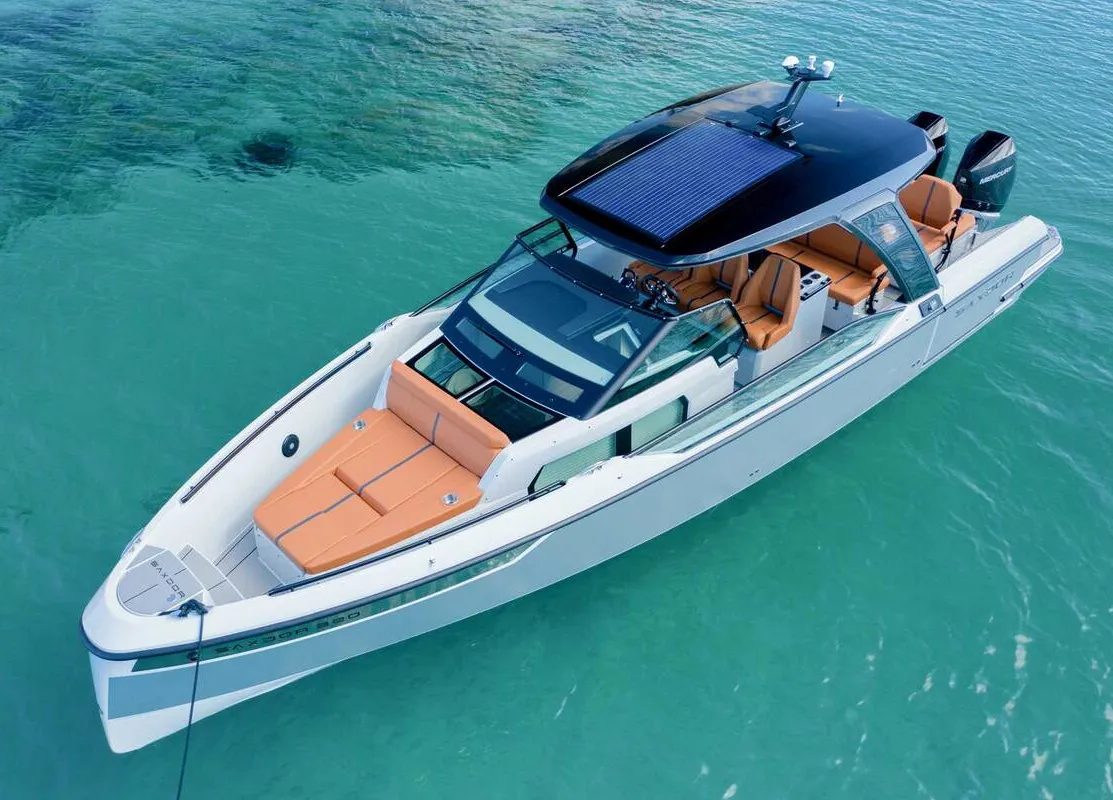Exterior view of Premium, a Saxdor 320 GTO motorboat at Chania, Greece