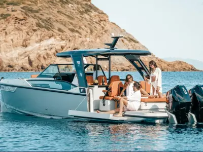 Exterior view of Premium, a Saxdor 320 GTO motorboat at Chania, Greece