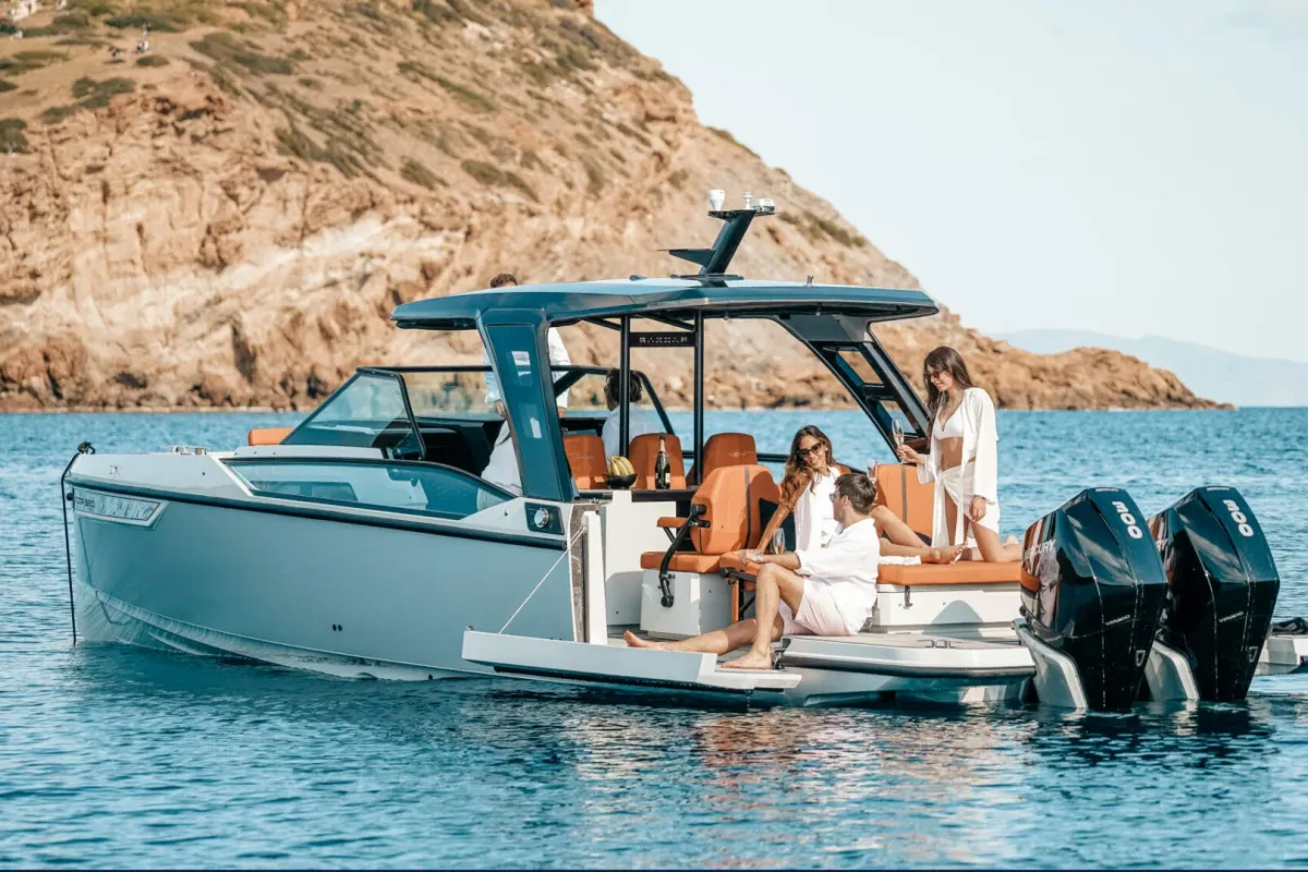 Exterior view of Premium, a Saxdor 320 GTO motorboat at Chania, Greece
