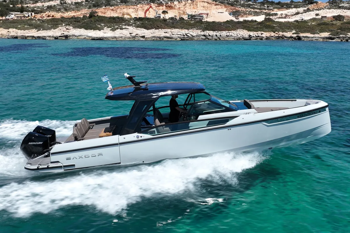 Exterior view of Premium, a Saxdor 320 GTO motorboat at Chania, Greece