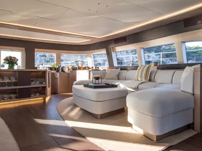 Salon of Premium +, a Lagoon Seventy 8 catamaran at Palma de Mallorca, Spain
