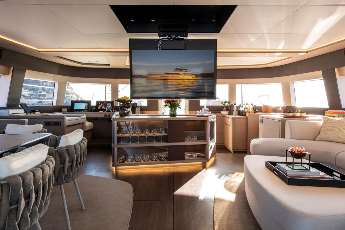 Salon of Premium +, a Lagoon Seventy 8 catamaran at Palma de Mallorca, Spain