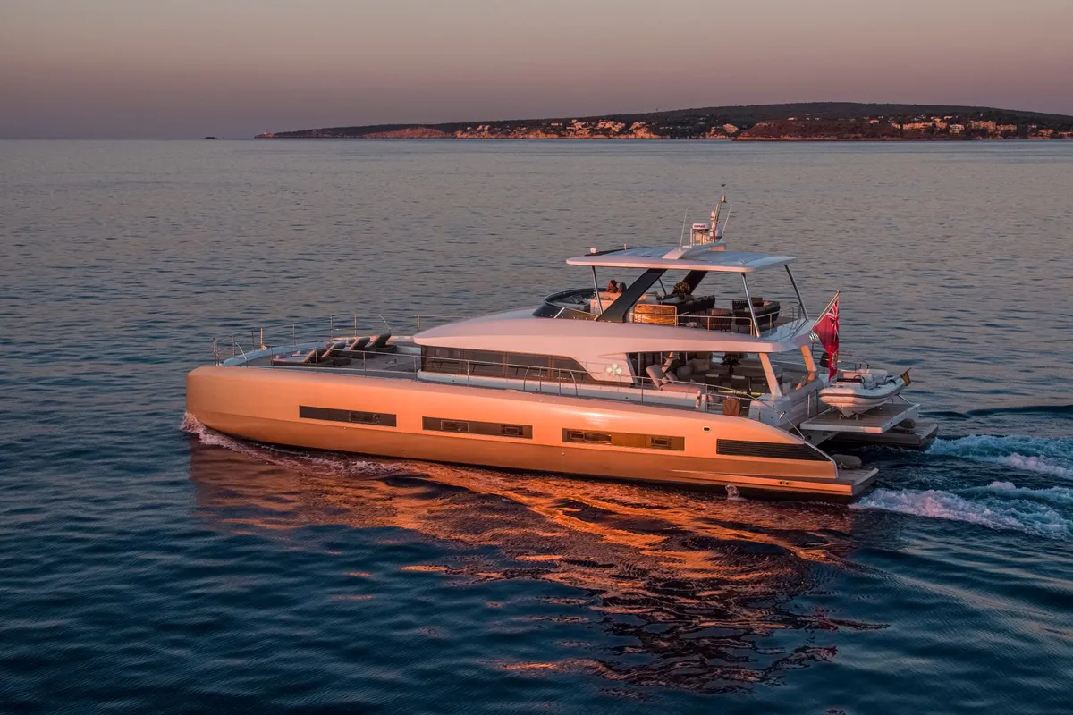 Exterior view of Premium +, a Lagoon Seventy 8 catamaran at Palma de Mallorca, Spain