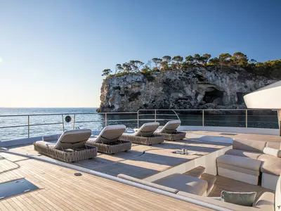 Deck of Premium +, a Lagoon Seventy 8 catamaran at Palma de Mallorca, Spain