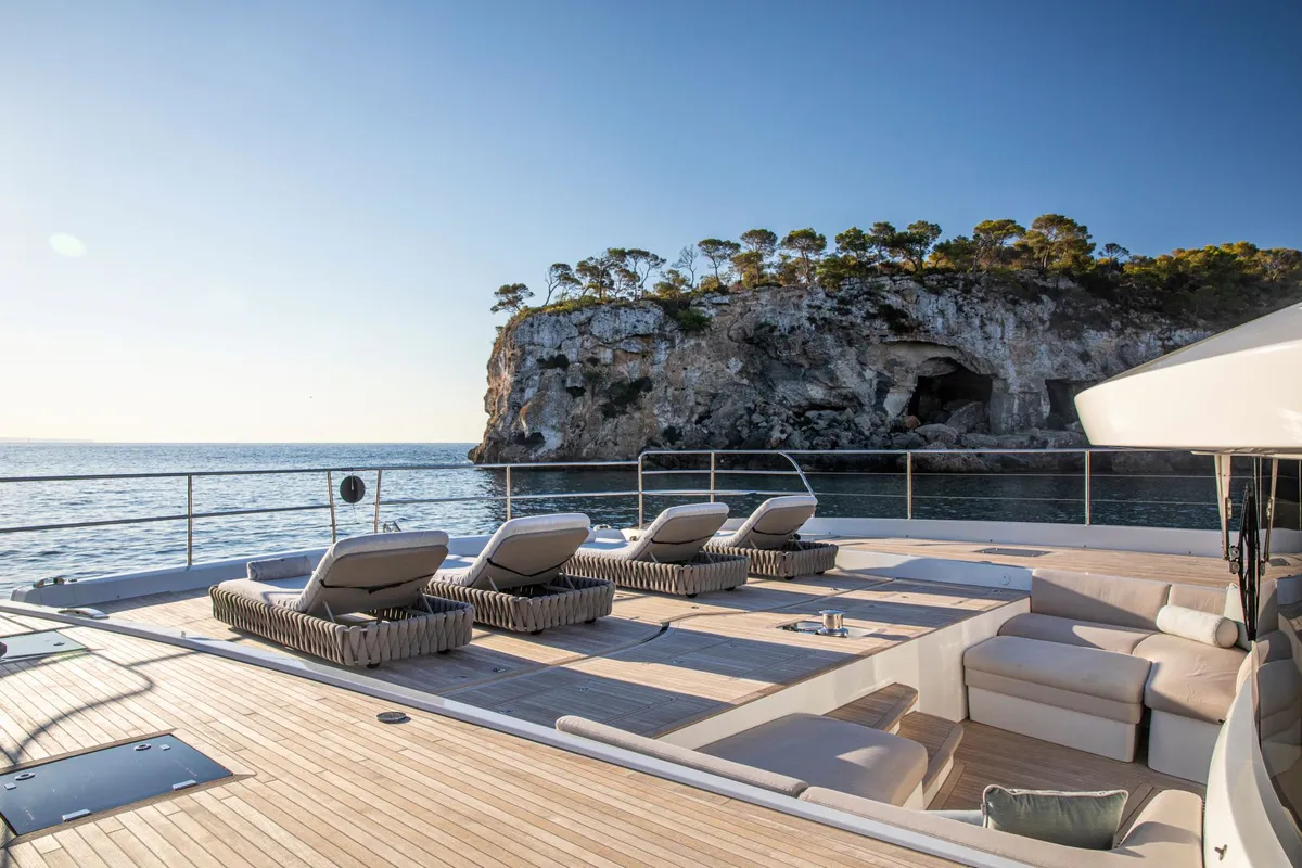Deck of Premium +, a Lagoon Seventy 8 catamaran at Palma de Mallorca, Spain