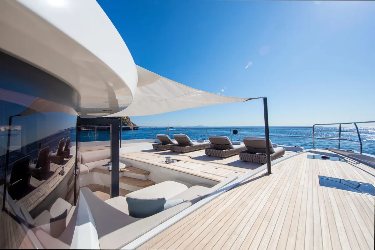 Deck of Premium +, a Lagoon Seventy 8 catamaran at Palma de Mallorca, Spain