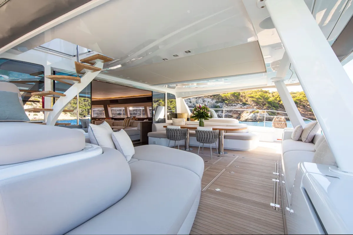 Deck of Premium +, a Lagoon Seventy 8 catamaran at Palma de Mallorca, Spain