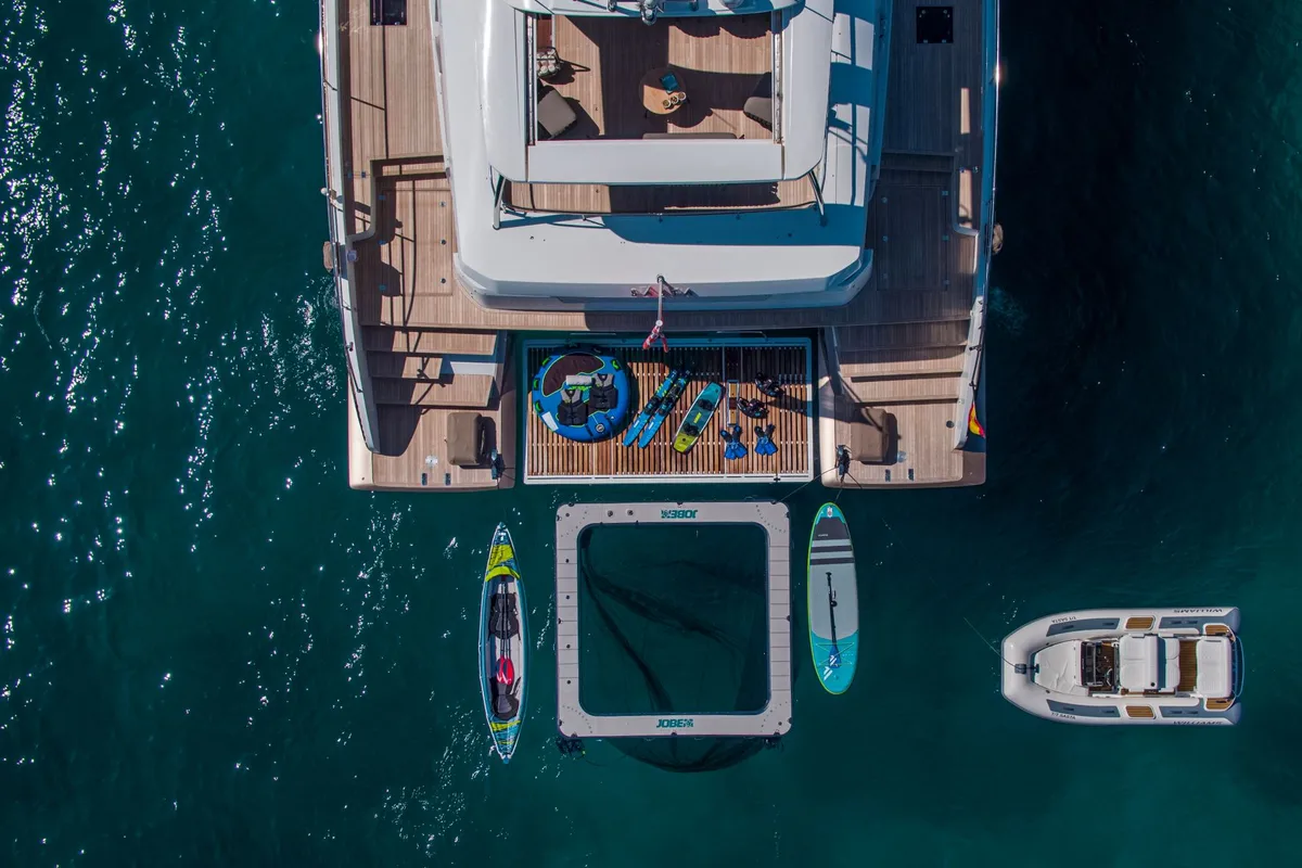 Exterior view of Premium +, a Lagoon Seventy 8 catamaran at Palma de Mallorca, Spain
