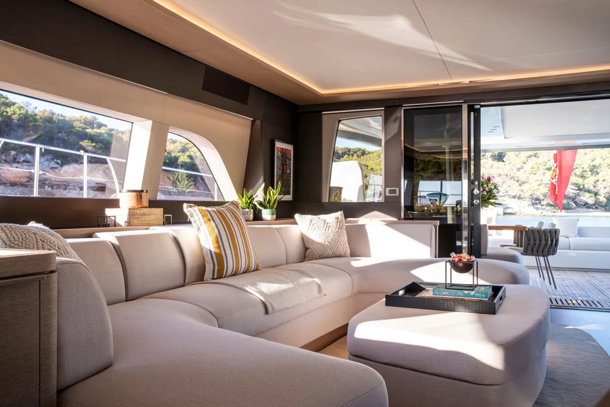 Salon of Premium +, a Lagoon Seventy 8 catamaran at Palma de Mallorca, Spain