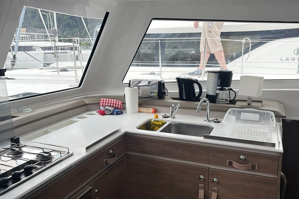 Galley of Cosmo, a Bali Catspace catamaran at Roche Caiman, Seychelles