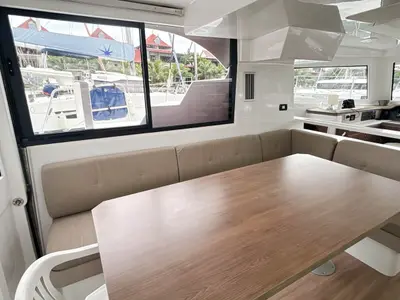 Salon of Cosmo, a Bali Catspace catamaran at Roche Caiman, Seychelles