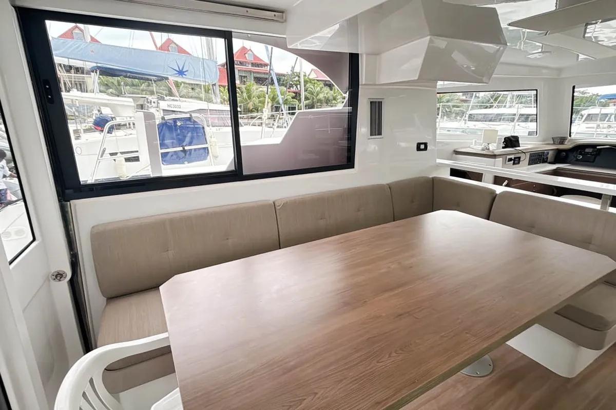 Salon of Cosmo, a Bali Catspace catamaran at Roche Caiman, Seychelles