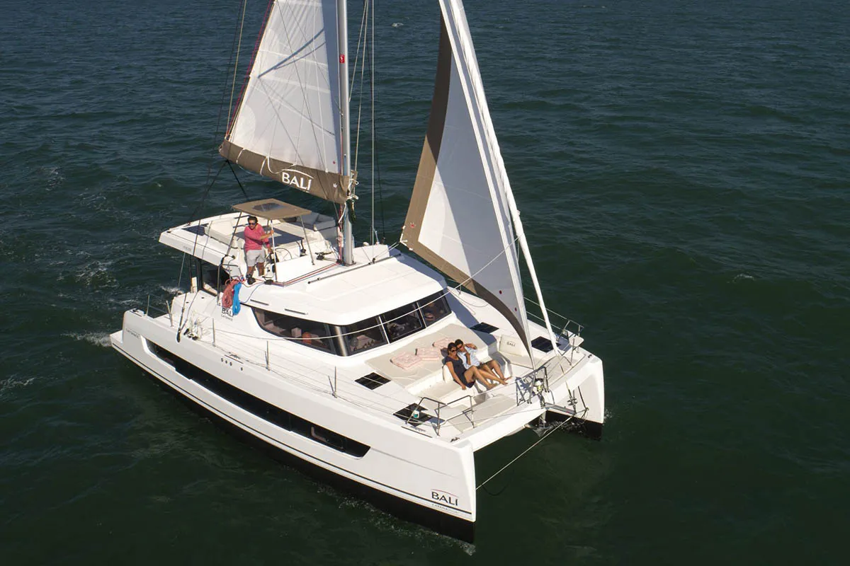 Exterior view of Cosmo, a Bali Catspace catamaran at Roche Caiman, Seychelles