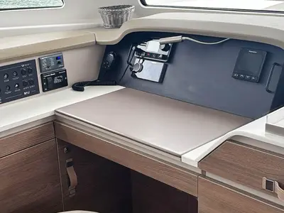 Cockpit of Cosmo, a Bali Catspace catamaran at Roche Caiman, Seychelles