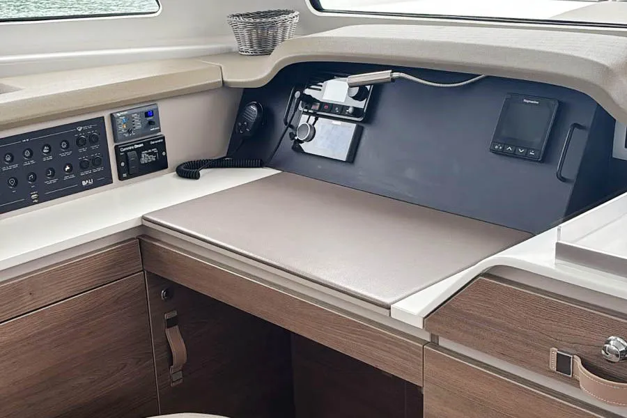 Cockpit of Cosmo, a Bali Catspace catamaran at Roche Caiman, Seychelles